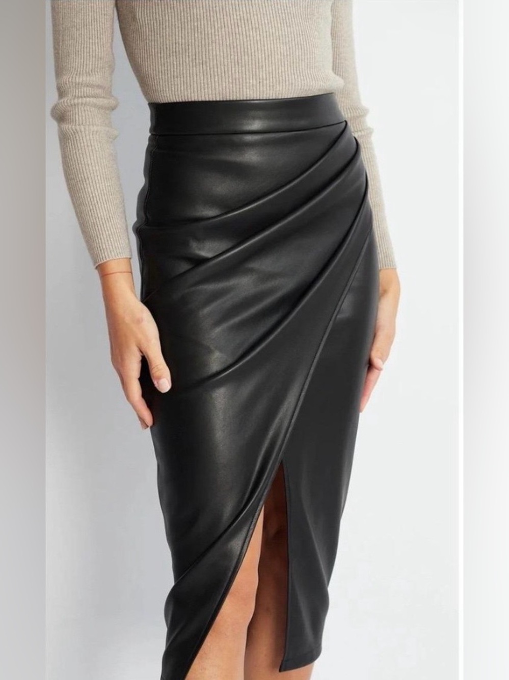 Black Faux Leather Wrap Midi Skirt